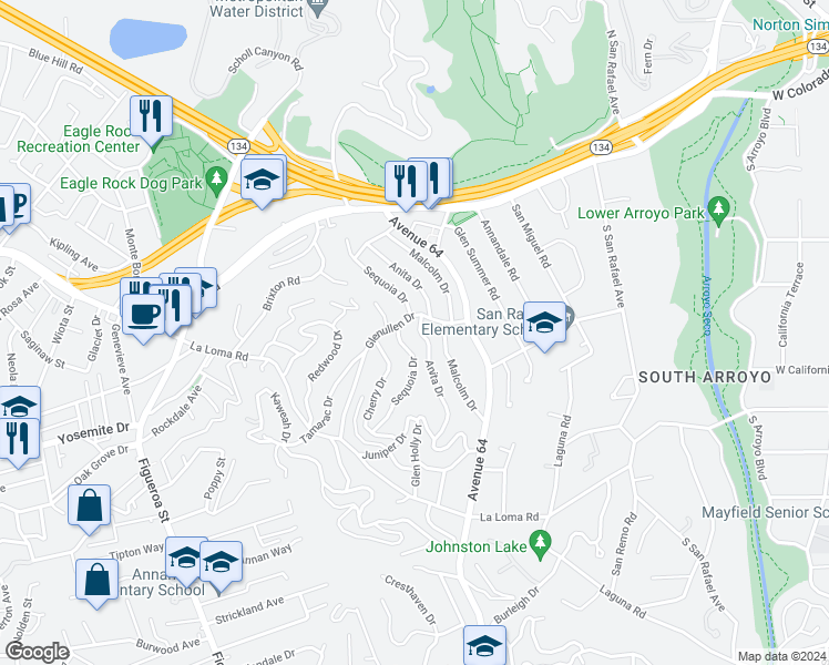 map of restaurants, bars, coffee shops, grocery stores, and more near 249 Anita Drive in Pasadena
