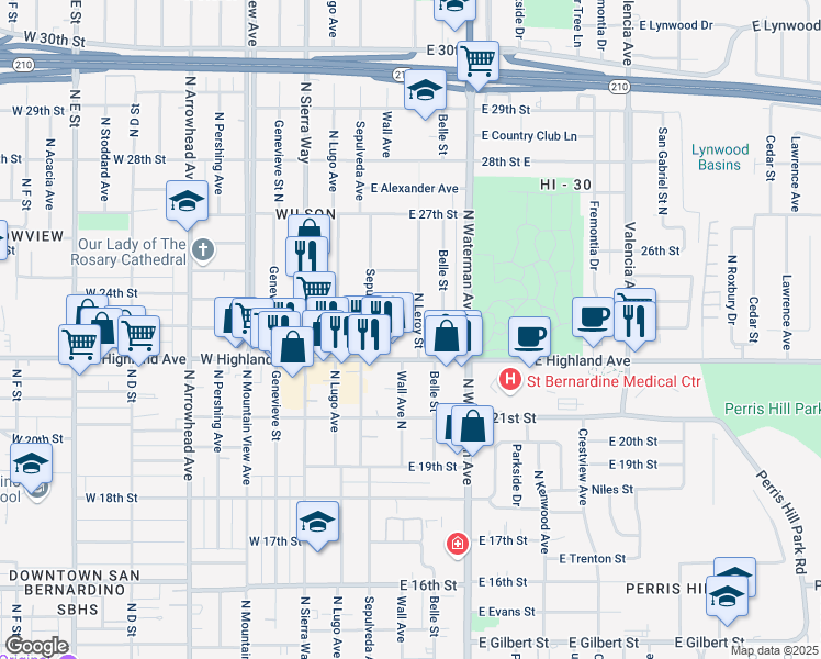 map of restaurants, bars, coffee shops, grocery stores, and more near 2286 North Leroy Street in San Bernardino
