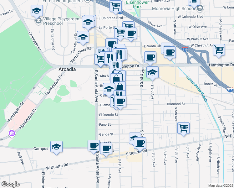 map of restaurants, bars, coffee shops, grocery stores, and more near 229 South 1st Avenue in Arcadia