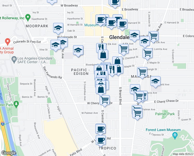 map of restaurants, bars, coffee shops, grocery stores, and more near 721 South Central Avenue in Glendale