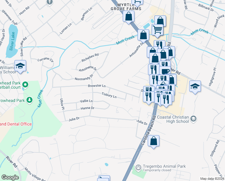 map of restaurants, bars, coffee shops, grocery stores, and more near 802 Brewster Lane in Wilmington
