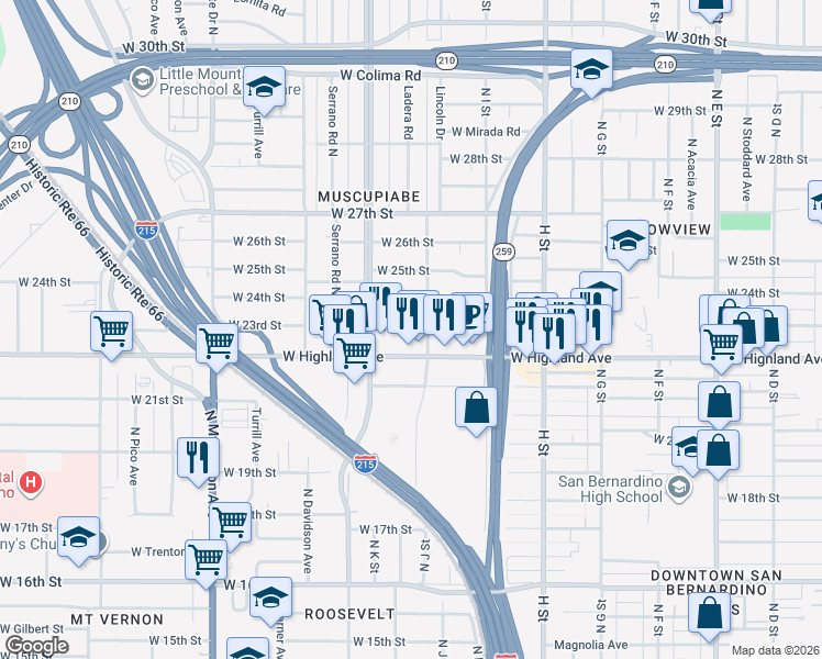 map of restaurants, bars, coffee shops, grocery stores, and more near 1037 West 23rd Street in San Bernardino