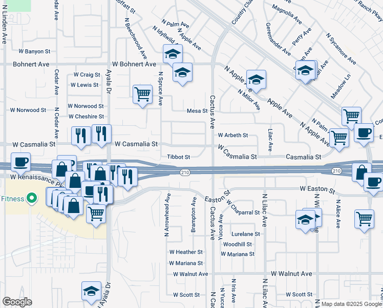 map of restaurants, bars, coffee shops, grocery stores, and more near 778 Tibbot Street in Rialto