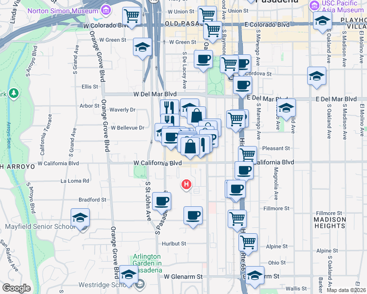 map of restaurants, bars, coffee shops, grocery stores, and more near 100 Palmetto Drive in Pasadena