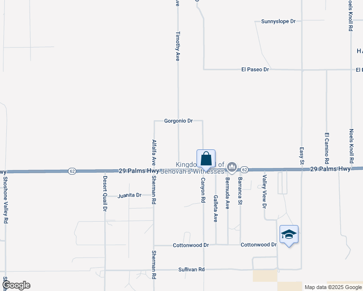map of restaurants, bars, coffee shops, grocery stores, and more near 6403 Timothy Avenue in Twentynine Palms