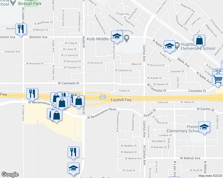 map of restaurants, bars, coffee shops, grocery stores, and more near 2070 North Spruce Avenue in Rialto