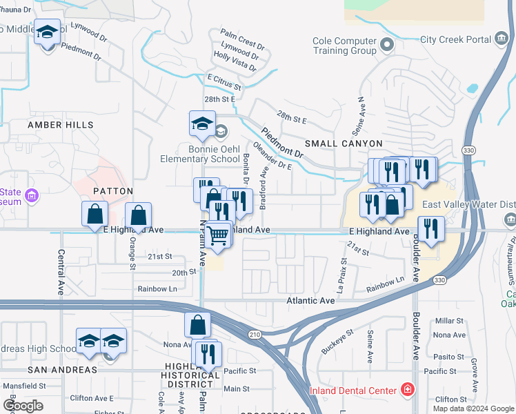 map of restaurants, bars, coffee shops, grocery stores, and more near 2266 Bradford Avenue in Highland