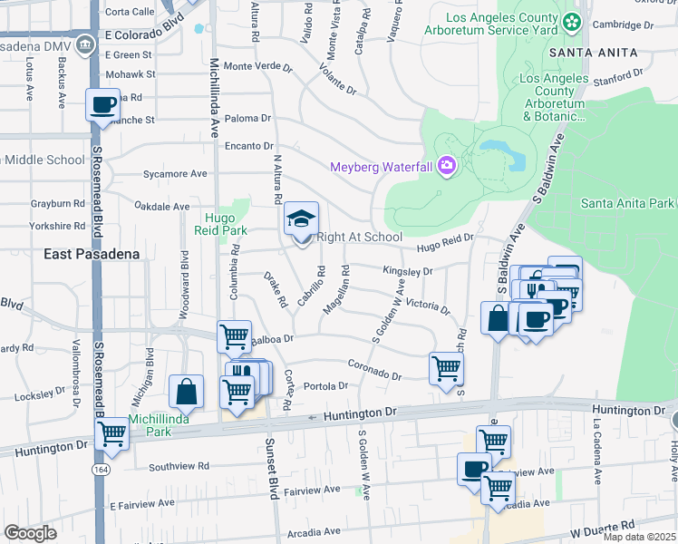 map of restaurants, bars, coffee shops, grocery stores, and more near 317 Magellan Road in Arcadia