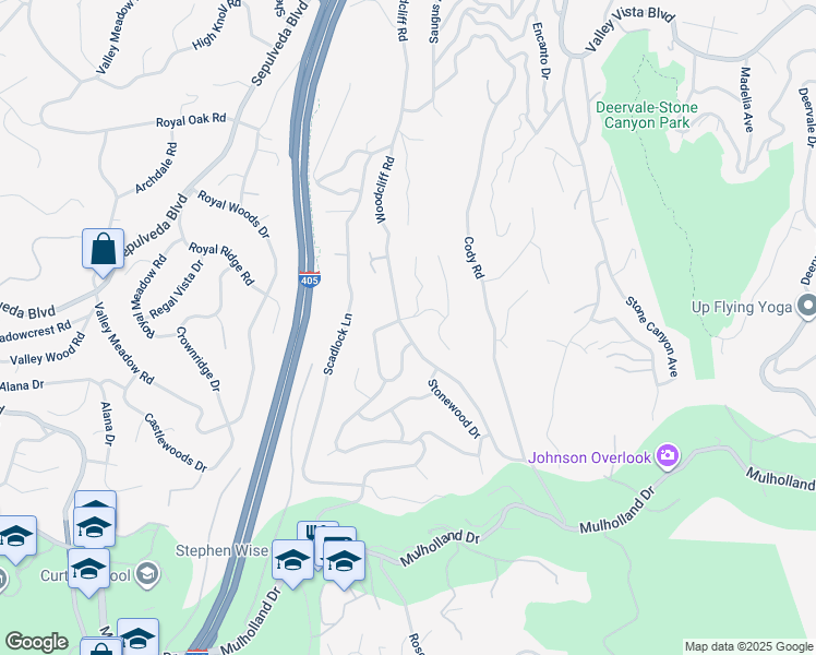 map of restaurants, bars, coffee shops, grocery stores, and more near 3652 Woodcliff Road in Los Angeles