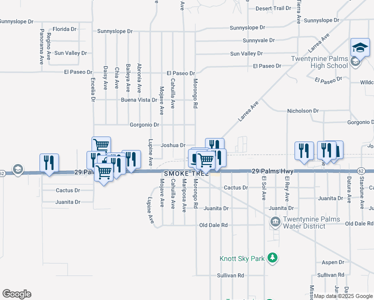map of restaurants, bars, coffee shops, grocery stores, and more near 6407 Morongo Road in Twentynine Palms