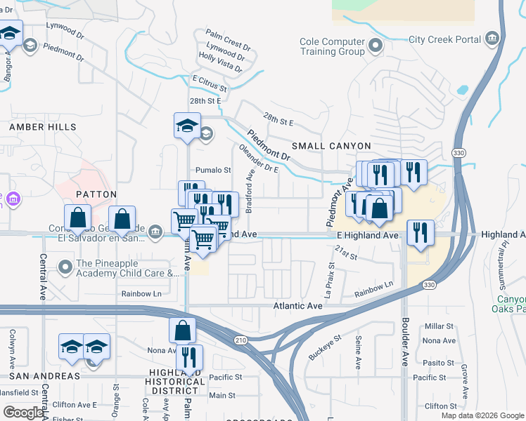 map of restaurants, bars, coffee shops, grocery stores, and more near 2265 Bradford Avenue in Highland