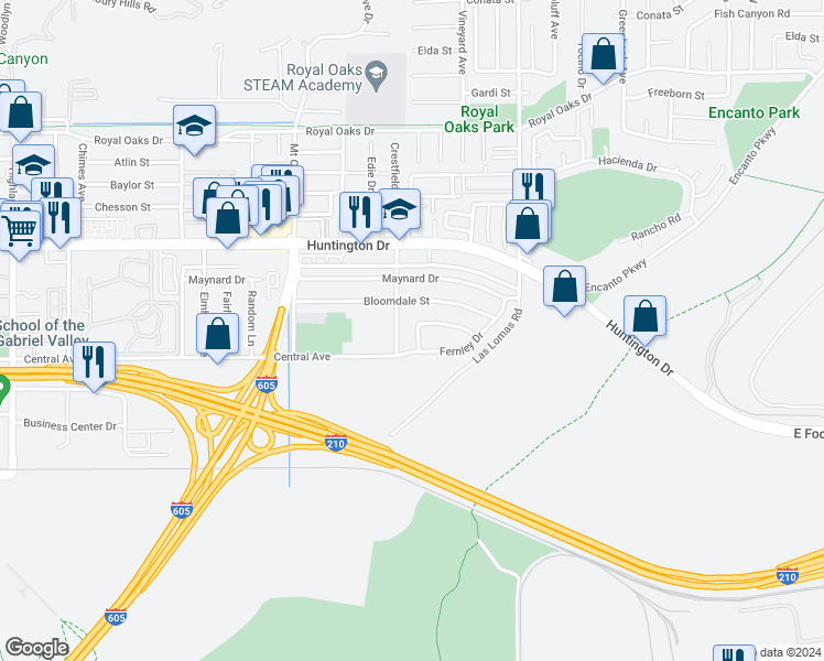 map of restaurants, bars, coffee shops, grocery stores, and more near 2543 Millbrae Avenue in Duarte