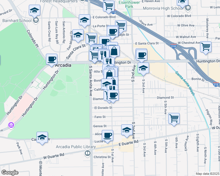 map of restaurants, bars, coffee shops, grocery stores, and more near 53 California Street in Arcadia