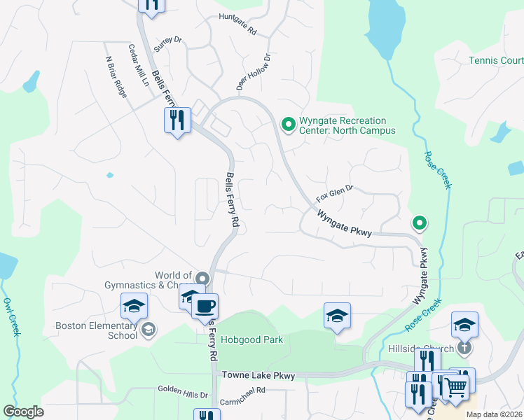 map of restaurants, bars, coffee shops, grocery stores, and more near 306 Wood Knoll Court in Woodstock