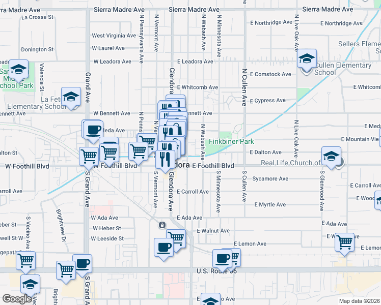 map of restaurants, bars, coffee shops, grocery stores, and more near 124 North Vista Bonita Avenue in Glendora