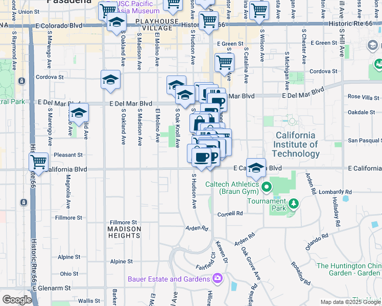 map of restaurants, bars, coffee shops, grocery stores, and more near 515 South Hudson Avenue in Pasadena