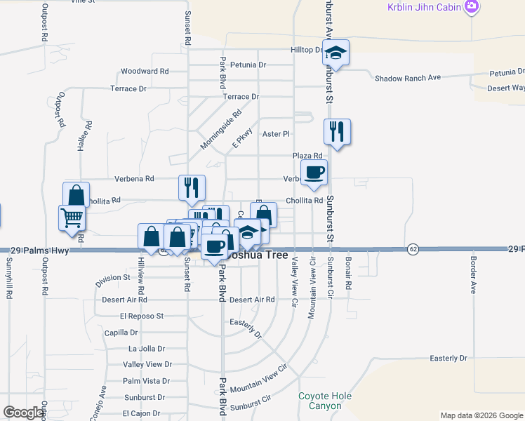 map of restaurants, bars, coffee shops, grocery stores, and more near 6360 El Reposo Street in Joshua Tree