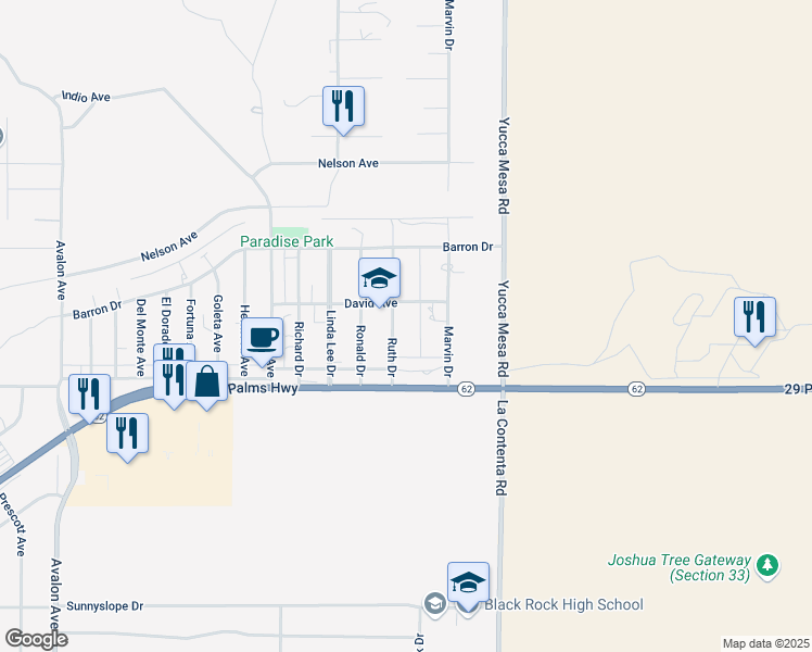 map of restaurants, bars, coffee shops, grocery stores, and more near 6391 Ruth Drive in Yucca Valley