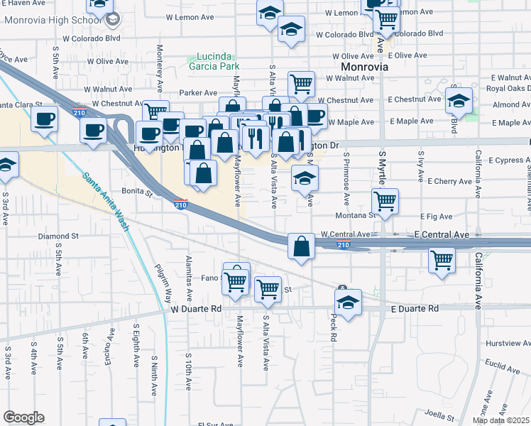 map of restaurants, bars, coffee shops, grocery stores, and more near 411 Montana Street in Monrovia