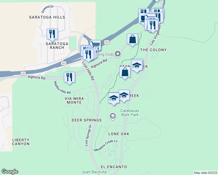 map of restaurants, bars, coffee shops, grocery stores, and more near 4240 Lost Hills Road in Calabasas