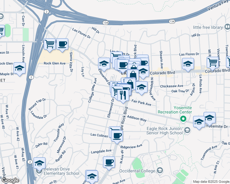 map of restaurants, bars, coffee shops, grocery stores, and more near 2257 Fair Park Avenue in Los Angeles