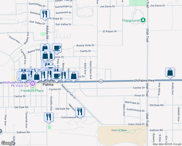map of restaurants, bars, coffee shops, grocery stores, and more near 6443 Palm View Avenue in Twentynine Palms