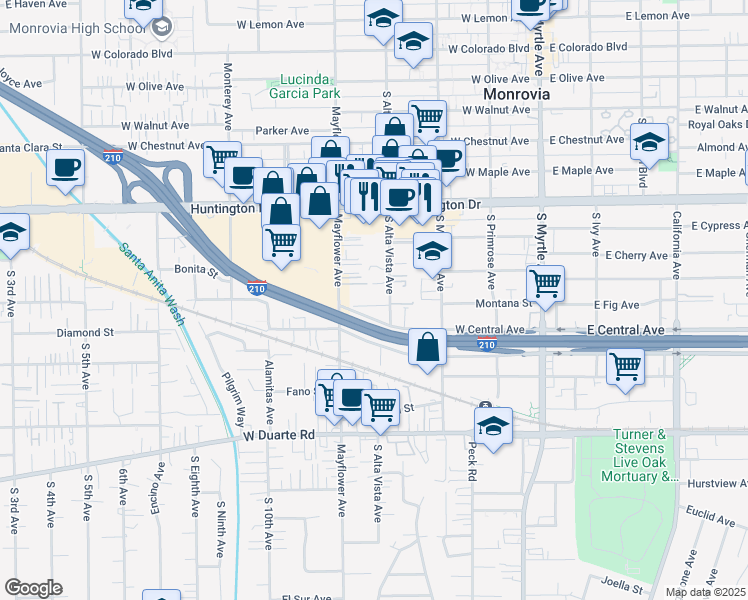 map of restaurants, bars, coffee shops, grocery stores, and more near 415 Montana Street in Monrovia