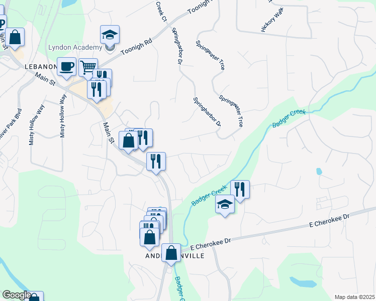 map of restaurants, bars, coffee shops, grocery stores, and more near 127 Stoney Creek Parkway in Woodstock