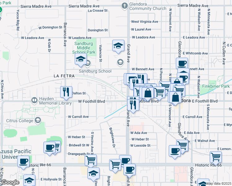 map of restaurants, bars, coffee shops, grocery stores, and more near 535 West Foothill Boulevard in Glendora