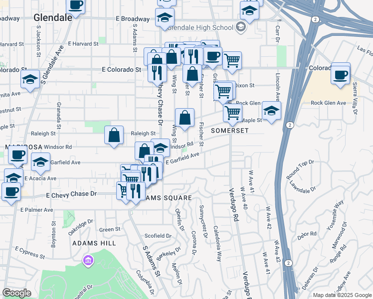 map of restaurants, bars, coffee shops, grocery stores, and more near 1306 East Windsor Road in Glendale