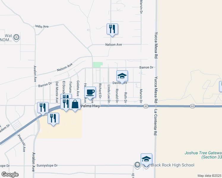 map of restaurants, bars, coffee shops, grocery stores, and more near 6391 Linda Lee Drive in Yucca Valley