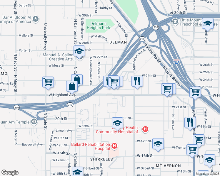 map of restaurants, bars, coffee shops, grocery stores, and more near 1665 West 23rd Street in San Bernardino