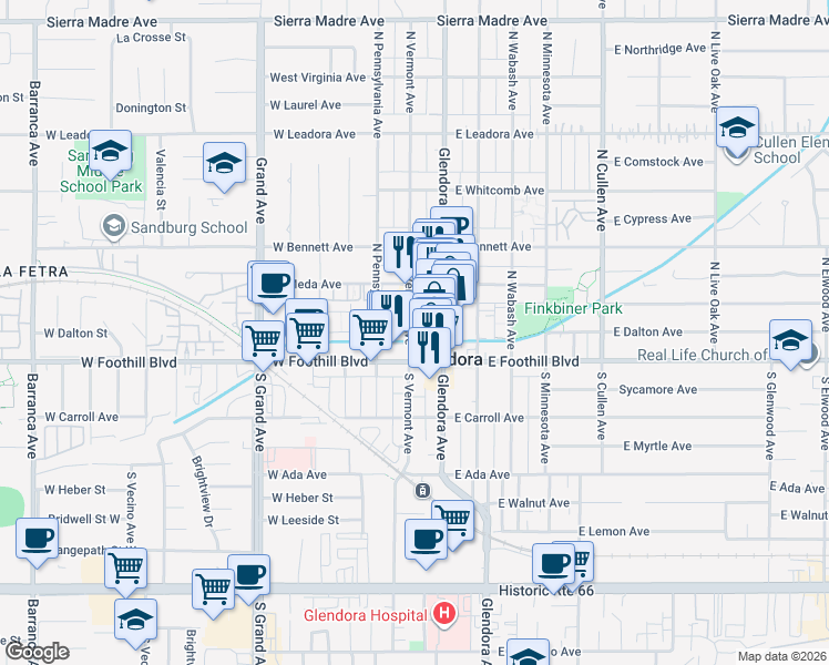 map of restaurants, bars, coffee shops, grocery stores, and more near 130 North Vermont Avenue in Glendora