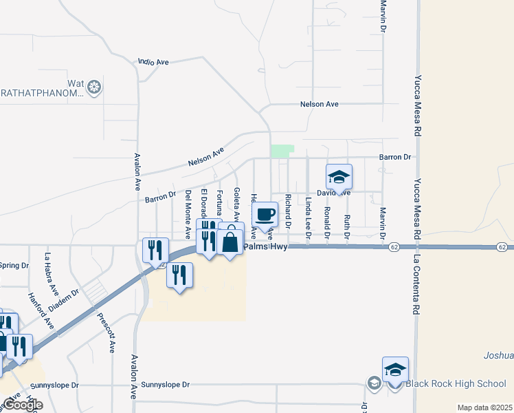 map of restaurants, bars, coffee shops, grocery stores, and more near 6395 Hermosa Avenue in Yucca Valley