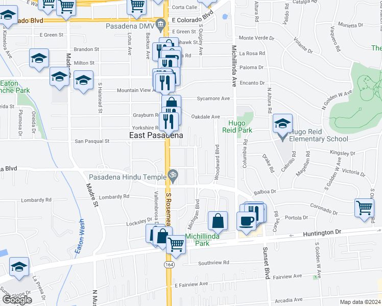 map of restaurants, bars, coffee shops, grocery stores, and more near 537 Michigan Boulevard in Pasadena