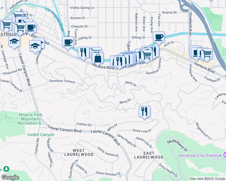 map of restaurants, bars, coffee shops, grocery stores, and more near 3873 Berry Drive in Los Angeles