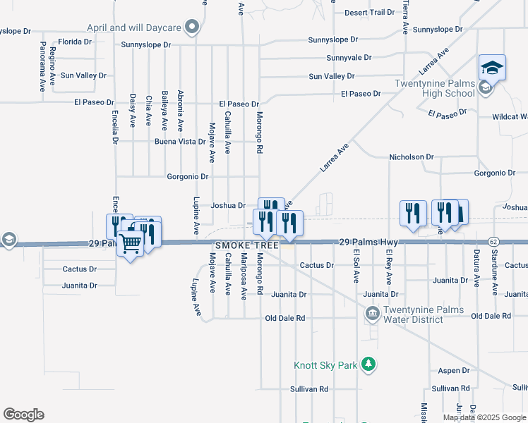 map of restaurants, bars, coffee shops, grocery stores, and more near 6407 Morongo Road in Twentynine Palms