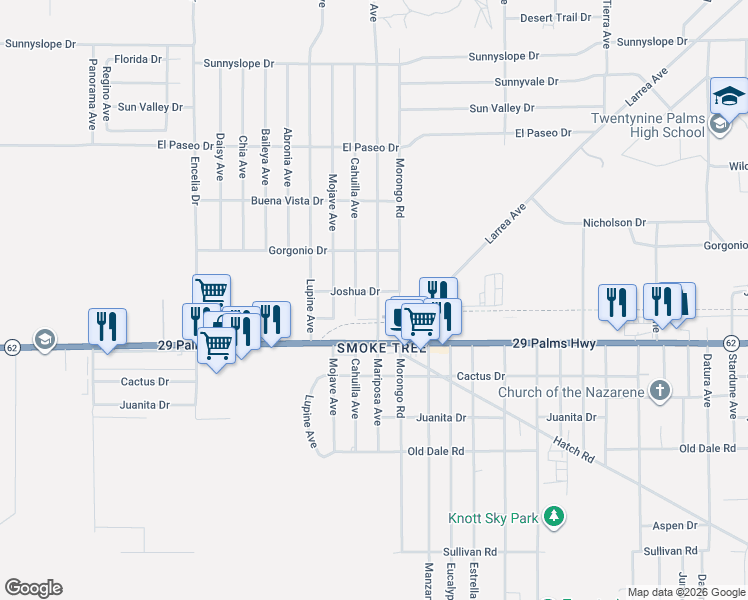 map of restaurants, bars, coffee shops, grocery stores, and more near 6414 Mariposa Avenue in Twentynine Palms
