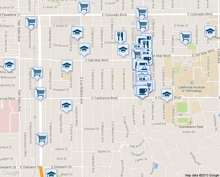 map of restaurants, bars, coffee shops, grocery stores, and more near 511 South El Molino Avenue in Pasadena