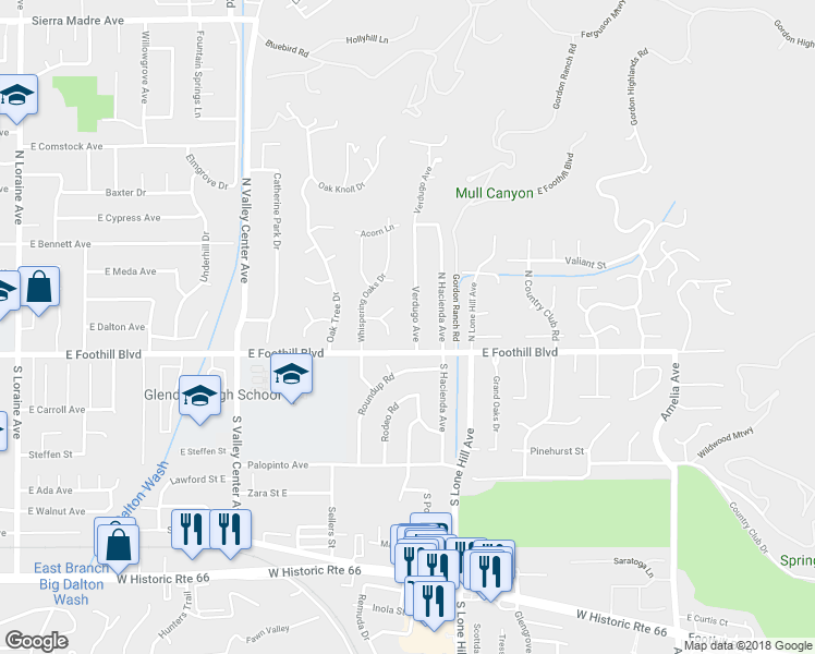 map of restaurants, bars, coffee shops, grocery stores, and more near 127 Verdugo Avenue in Glendora