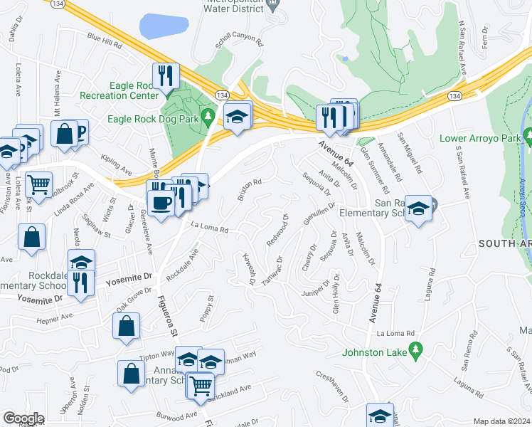 map of restaurants, bars, coffee shops, grocery stores, and more near 350 Elmwood Drive in Pasadena