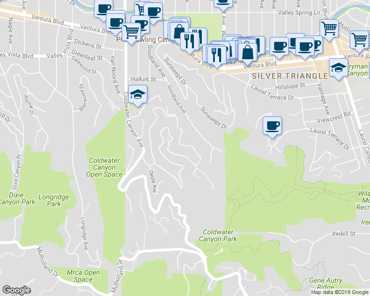 map of restaurants, bars, coffee shops, grocery stores, and more near 3669 Avenida Del Sol in Los Angeles