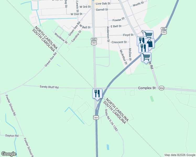 map of restaurants, bars, coffee shops, grocery stores, and more near 911 Hickman Road in Tabor City