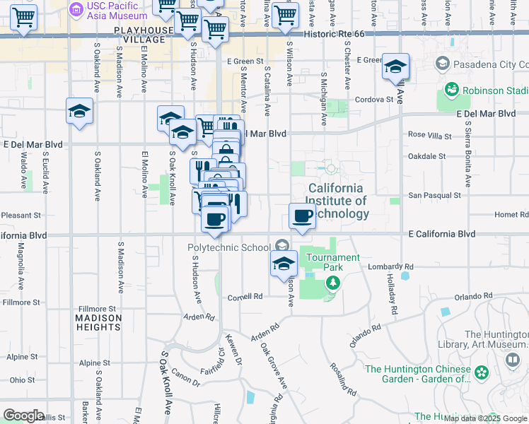 map of restaurants, bars, coffee shops, grocery stores, and more near 517 South Catalina Avenue in Pasadena