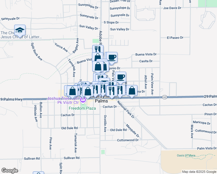 map of restaurants, bars, coffee shops, grocery stores, and more near 6425 Ocotillo Avenue in Twentynine Palms
