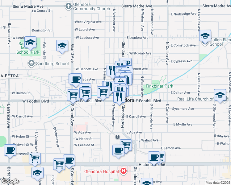 map of restaurants, bars, coffee shops, grocery stores, and more near 133 North Vermont Avenue in Glendora