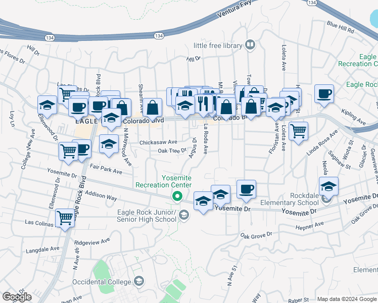 map of restaurants, bars, coffee shops, grocery stores, and more near 1810 Oak Tree Drive in Los Angeles