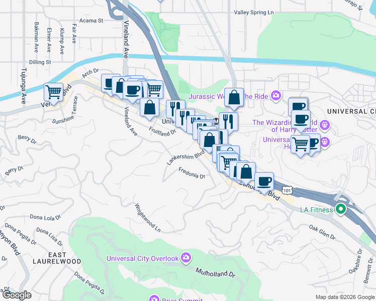 map of restaurants, bars, coffee shops, grocery stores, and more near 3762 Willowcrest Avenue in Studio City