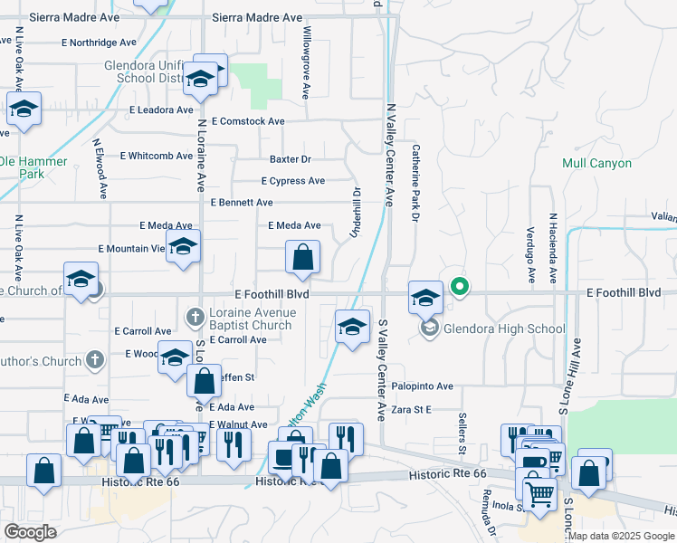 map of restaurants, bars, coffee shops, grocery stores, and more near 128 Underhill Drive in Glendora
