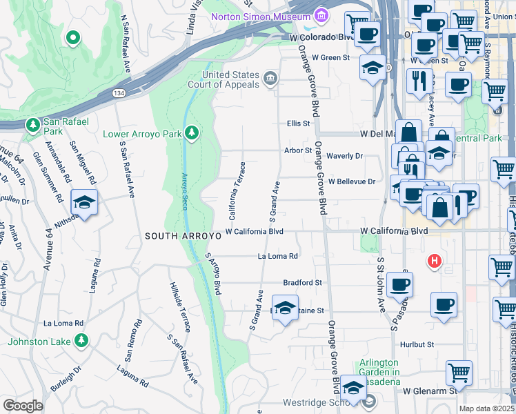 map of restaurants, bars, coffee shops, grocery stores, and more near 505 South Grand Avenue in Pasadena